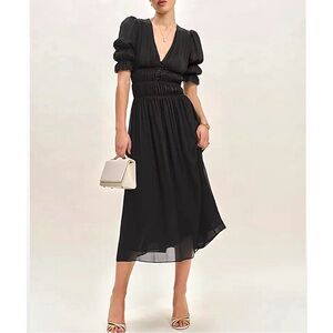 Reformation Cyrus Layered Chiffon Short Sleeve Black Midi Dress, NEW